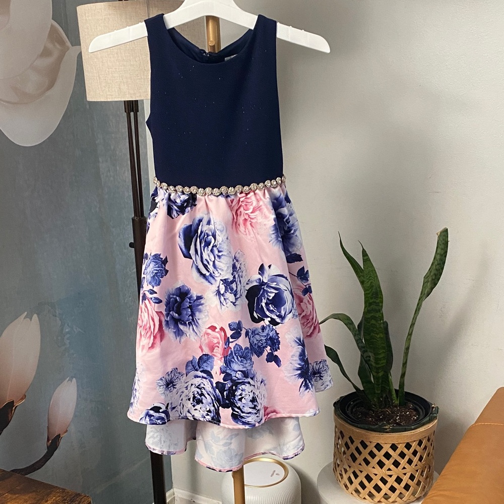 Rare Edition Girls Navy & Pink Floral Party Dress with Jewel Waist size 6x